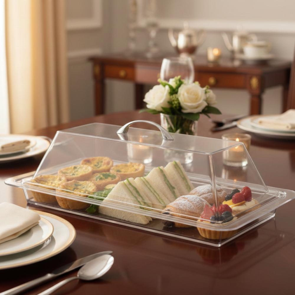 صحن أكريليك حافظ للطعام بغطاء - بيد ذهبي- حجم كبير – Stainless Serving