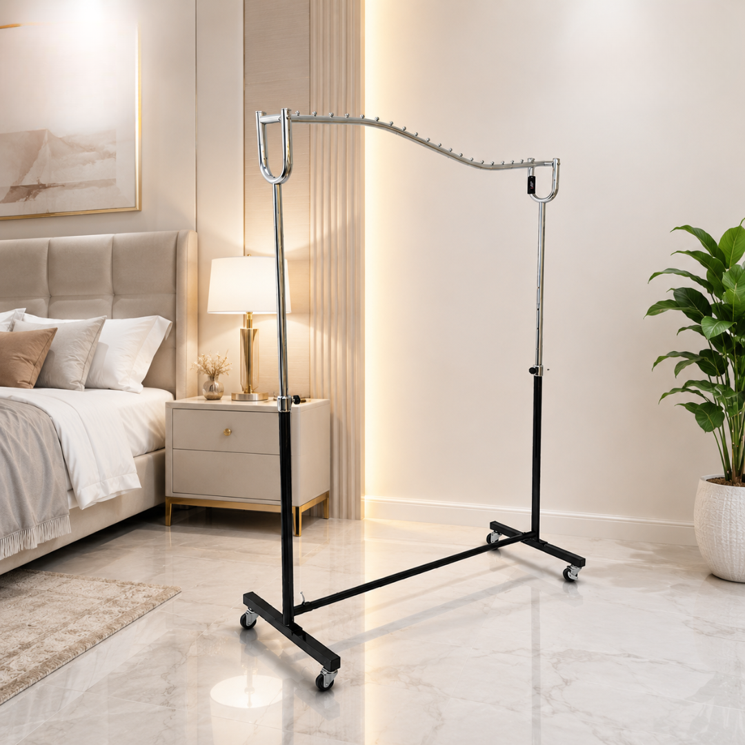 ستاند ملابس حديد بعجلات متحركة  – فضي وأسود – Iron Clothes Rack with W
