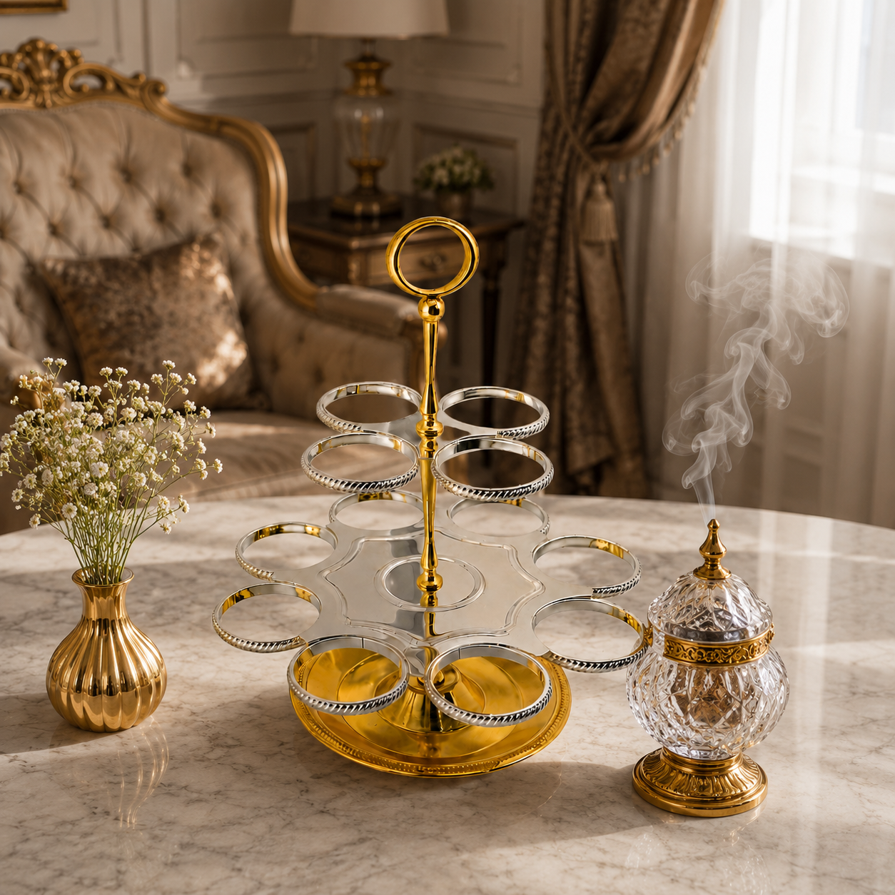ستاند تقديم فناجين فاخر بتصميم ملكي راقٍ ذهبي سلفر – Luxury Cup Stand 