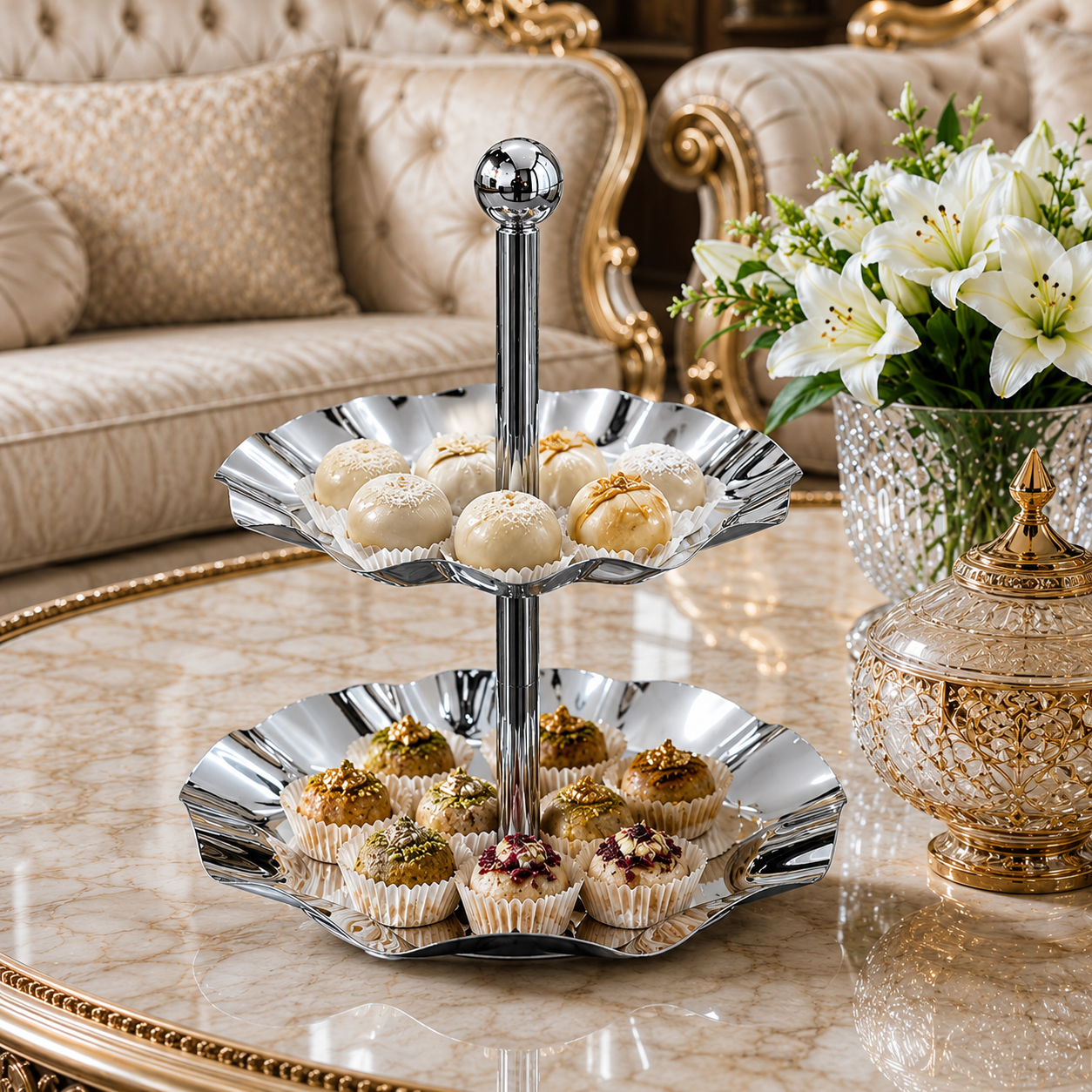شيّالة حلا استيل فاخرة بطبقتين – Luxury Double-Tier Steel Cake Stand