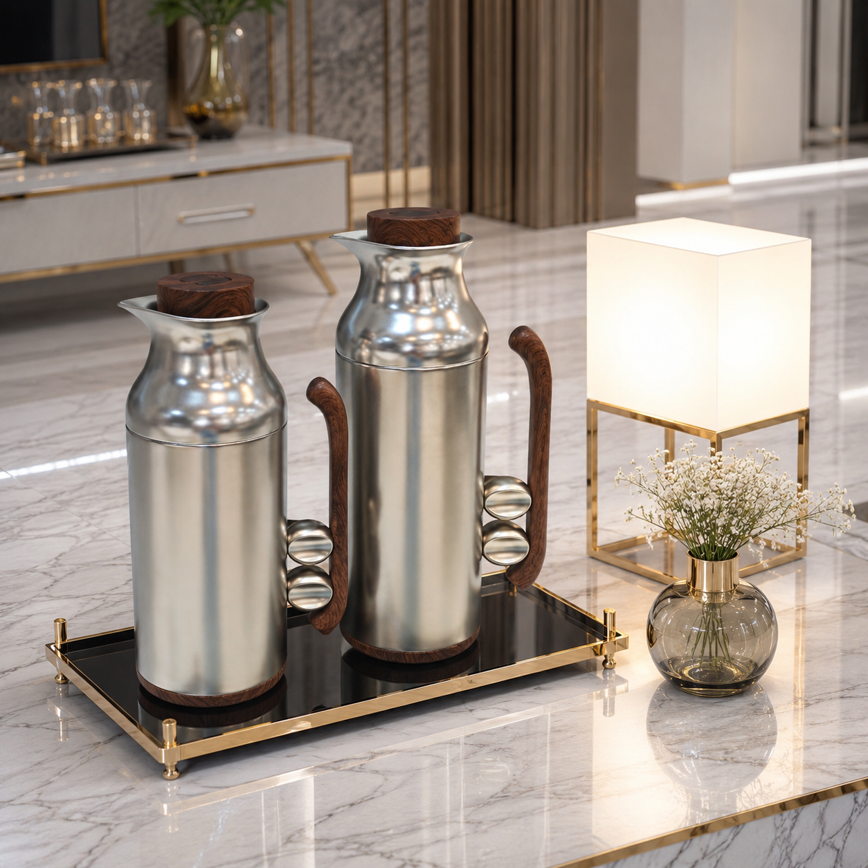 طقم ترامس فاخر ستانلس ستيل – سعة 1+1 لتر – – Luxury Stainless Steel Th