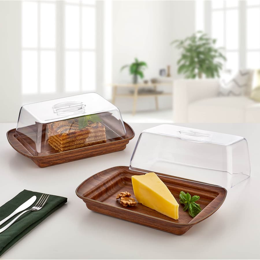 صحن تقديم حلويات بقاعدة خشبية وغطاء شفاف – Sweets Serving Dish with Wo