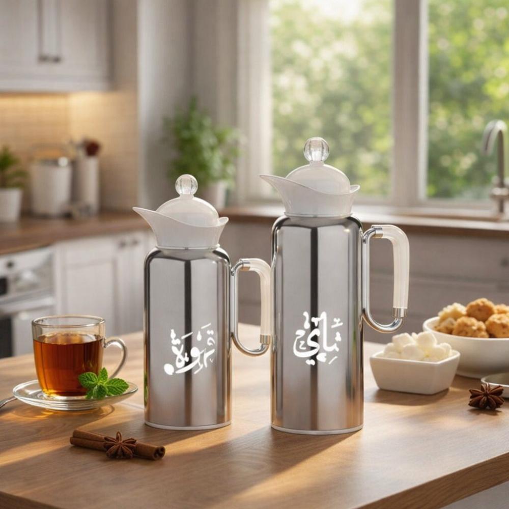 طقم ترامس شاي وقهوة 2 قطعة - ستانلس ستيل - نقوش عربية فخمة – Tea & Cof