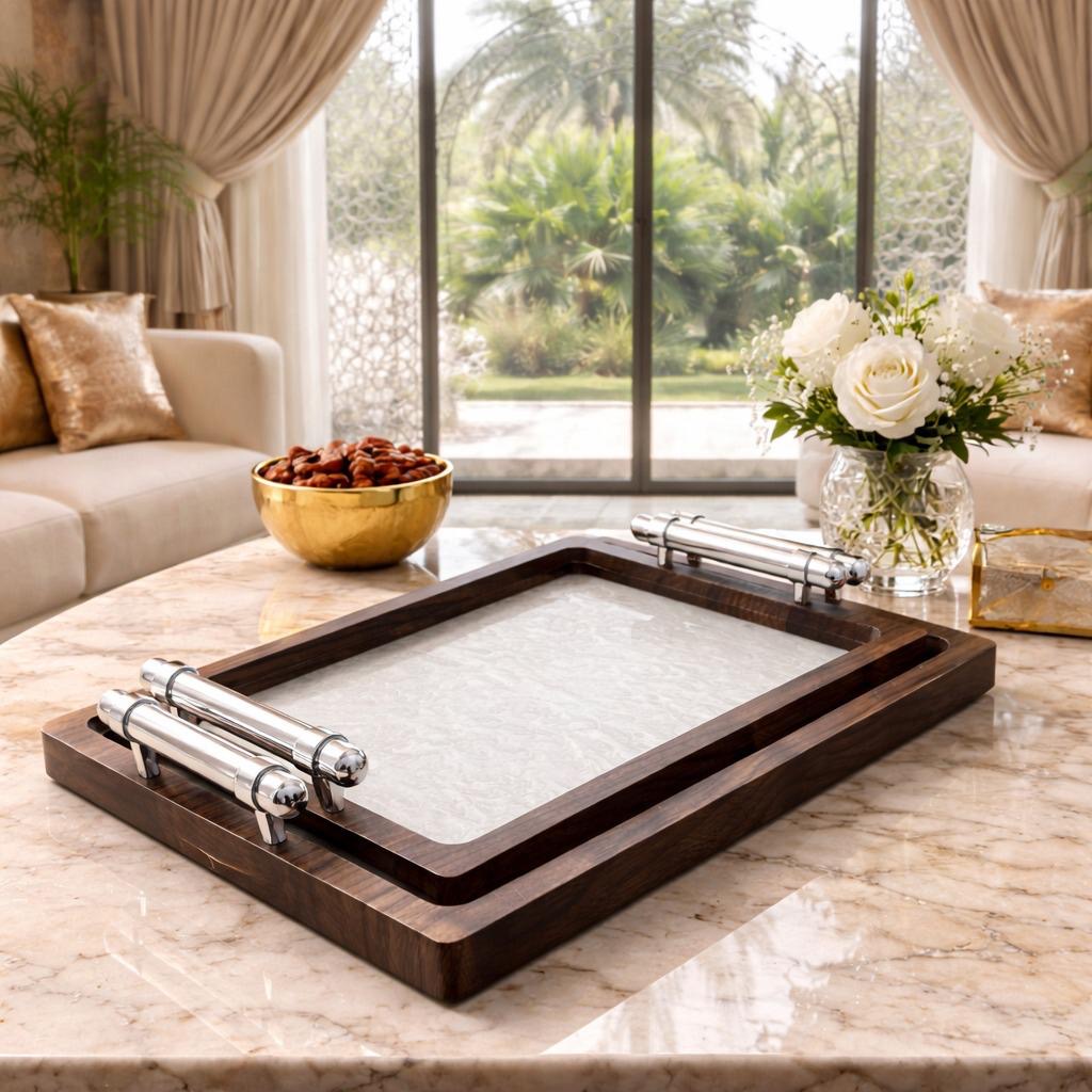 صينية تقديم خشبية فاخرة بتفاصيل رخامية ومقابض كروم 2 قطعة – Luxury Ser