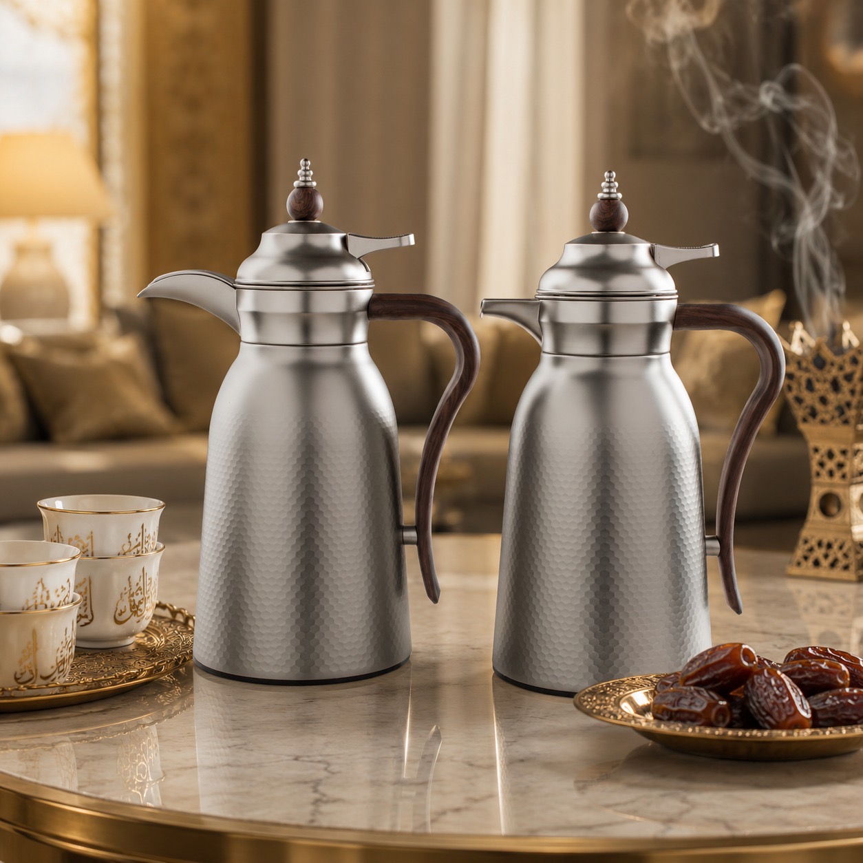 طقم ترامس فضي فاخر بملمس مطفي أنيق ومقابض بتفاصيل خشبية راقية – Luxury
