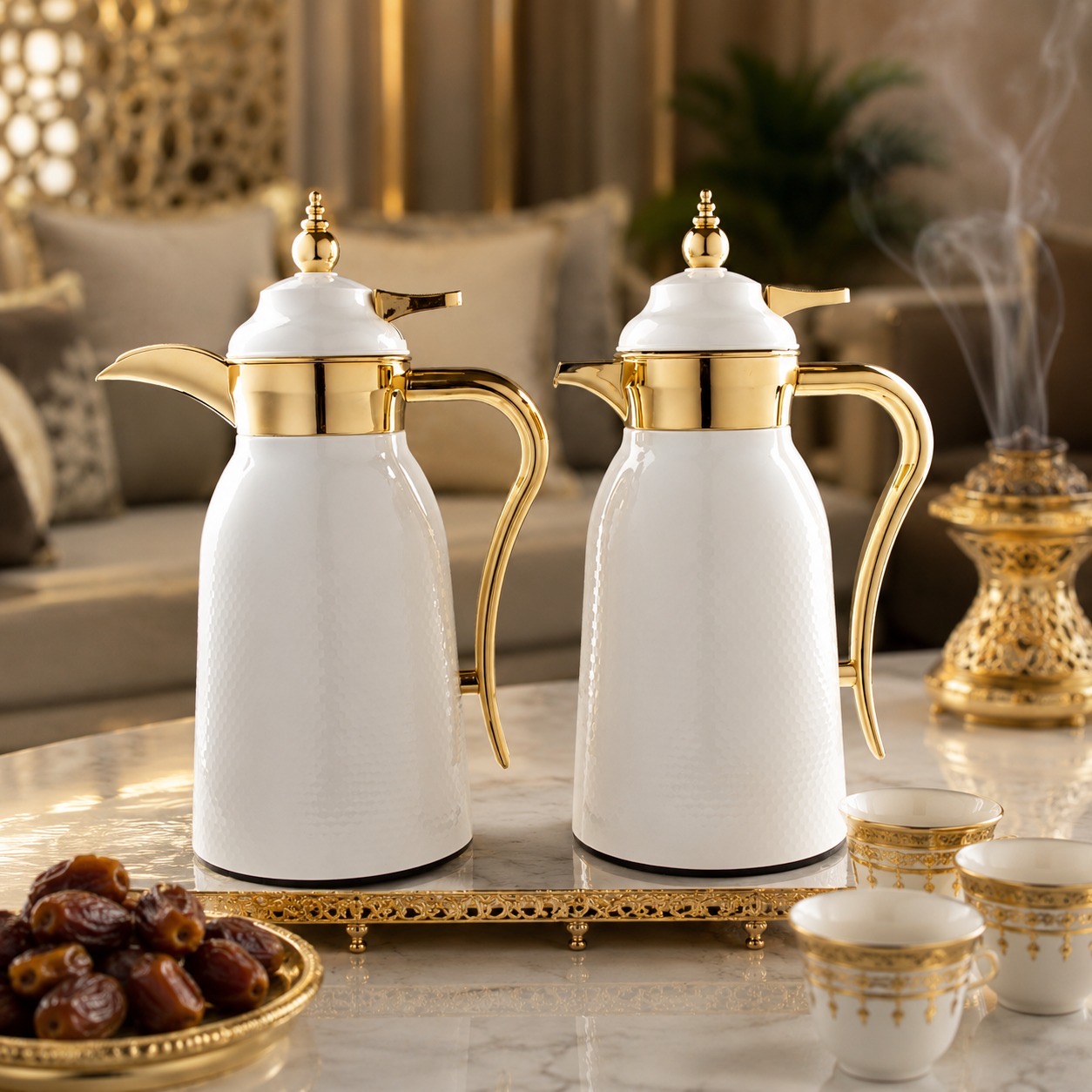 طقم ترامس ضيافة فاخر باللون الأبيض مع تفاصيل ذهبية لامعة – Luxury Ther