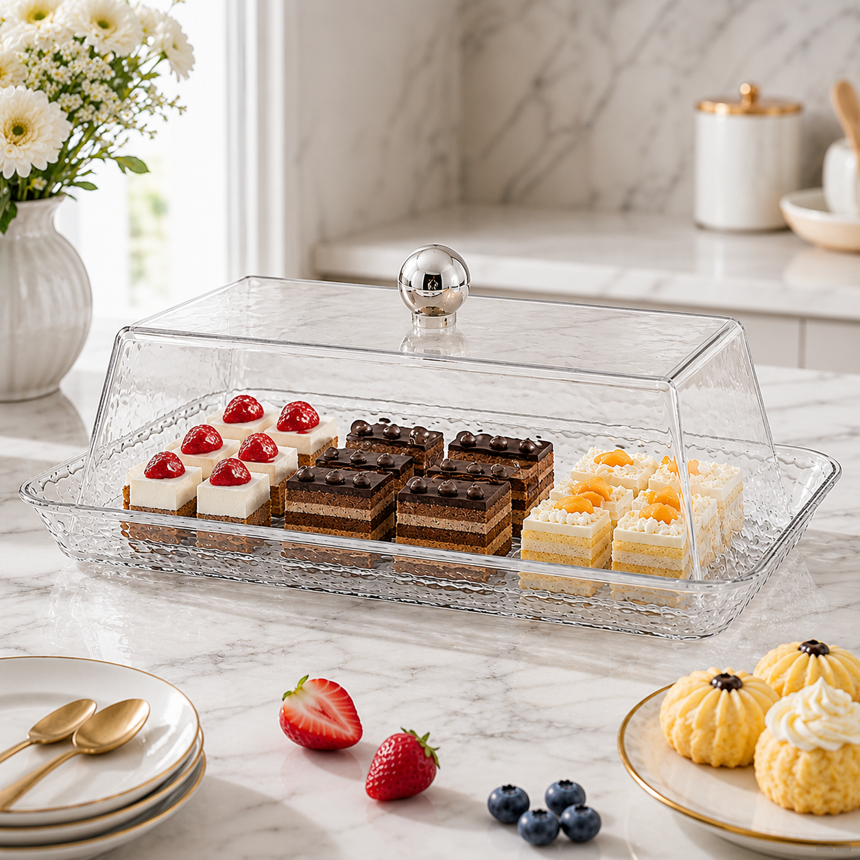 حافظة كيك وحلويات شفافة فاخرة بمقابض جانبية عملية – Luxury Clear Cake 