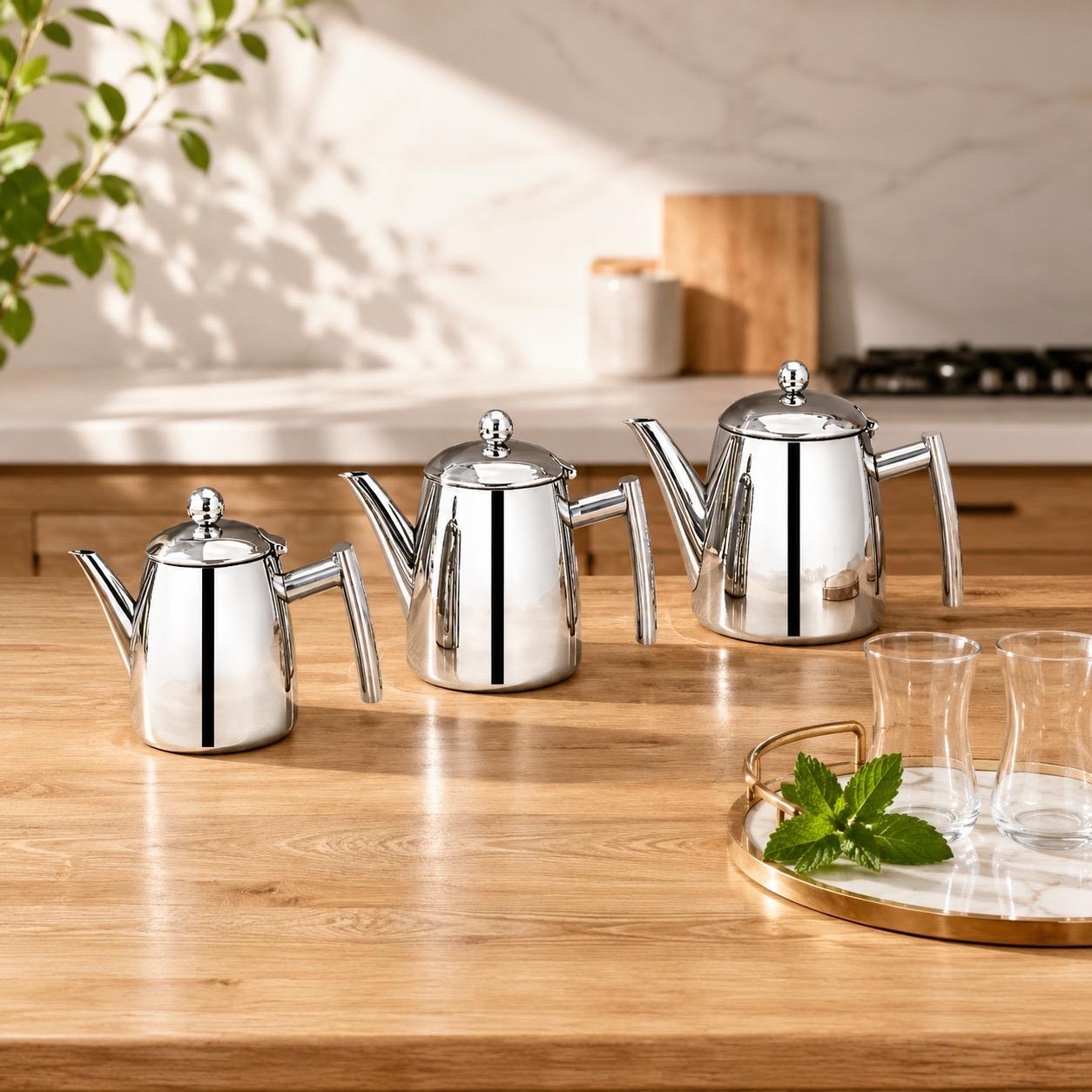 طقم أباريق شاي استل استيل 3 قطع – Stainless Steel Teapot Set – 3 Piece