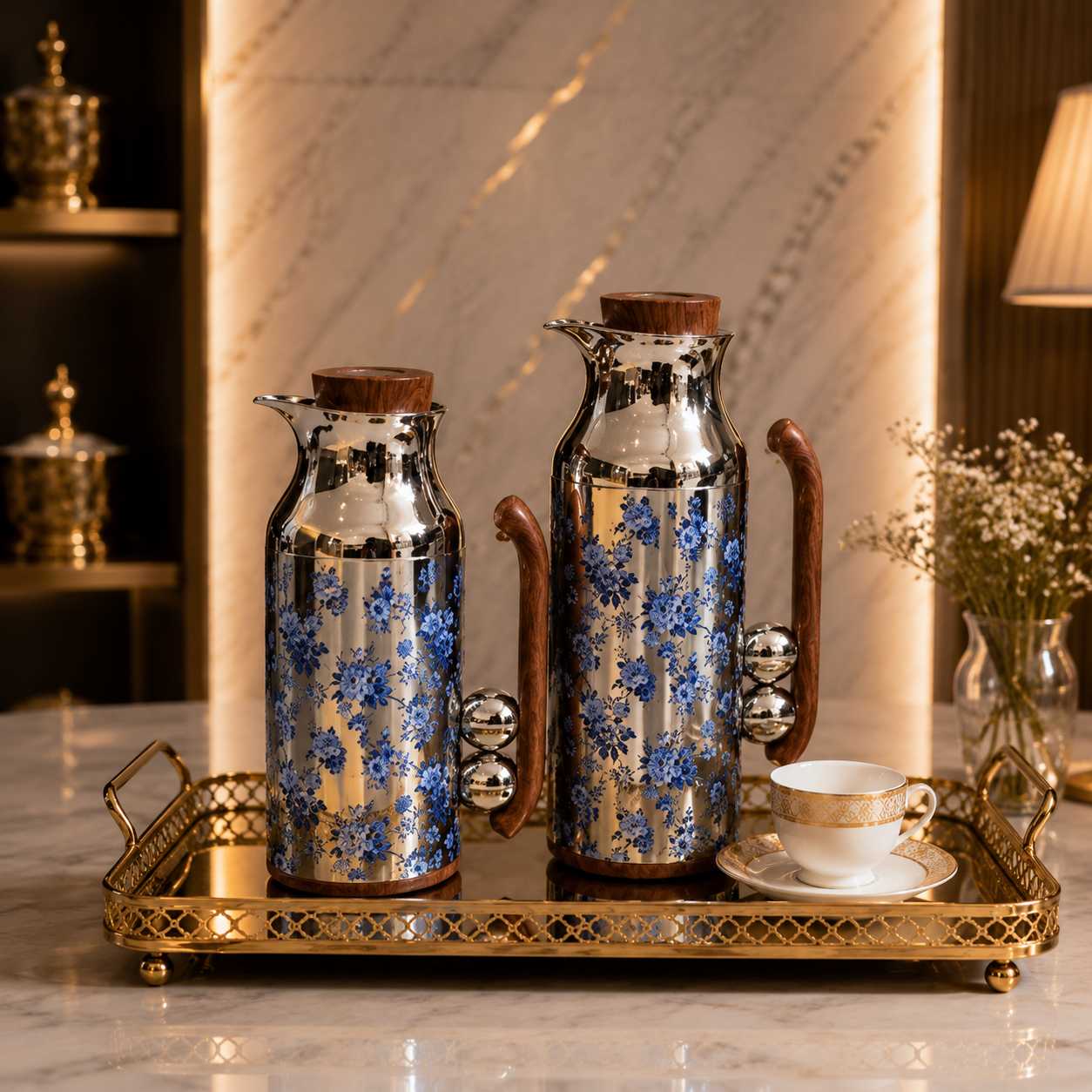 طقم ترامس فاخر ستانلس ستيل – سعة 1+1 لتر – (هـ) – Luxury Stainless Ste