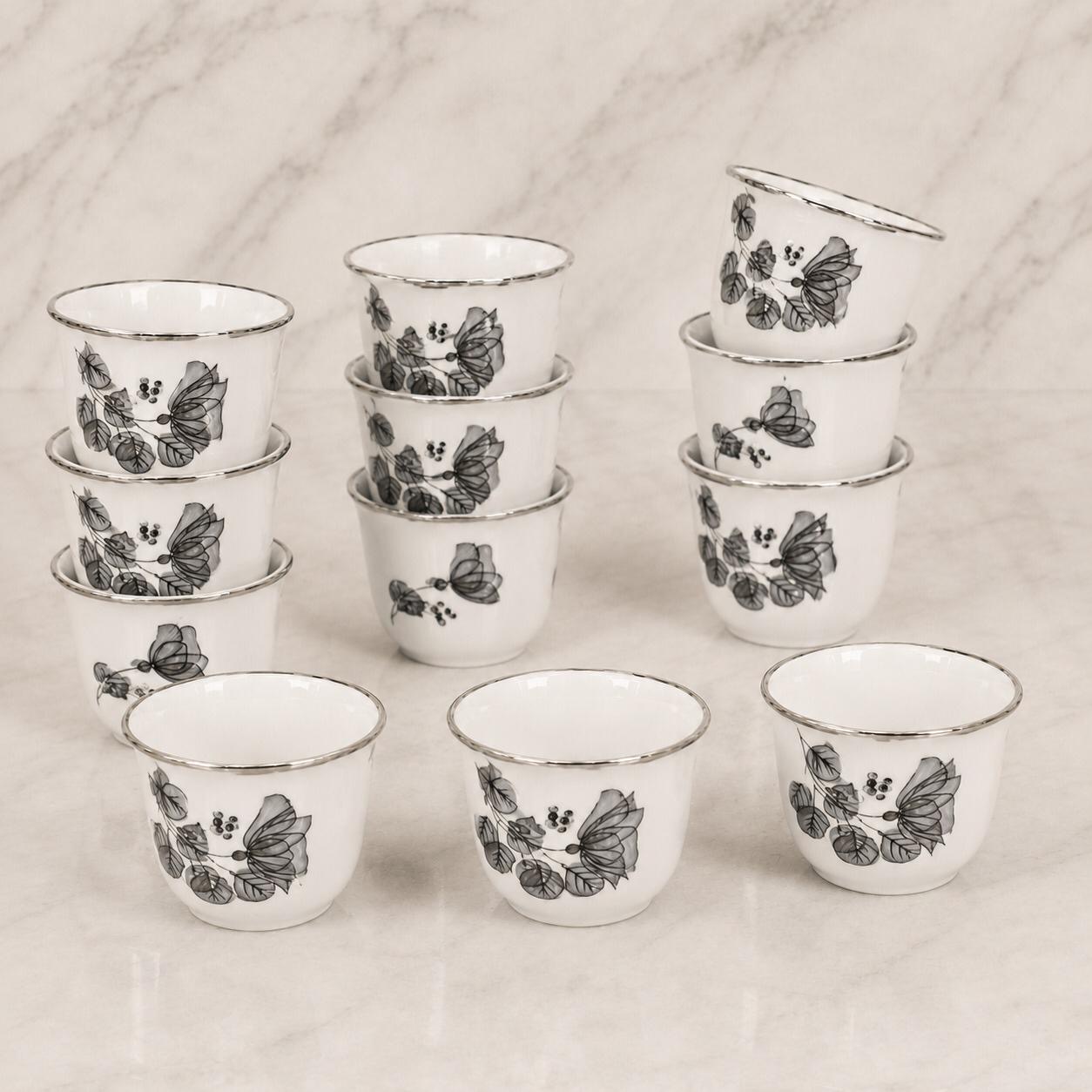 طقم فناجين سيراميك بنقشة الزهور الرمادية – 9 قطع – Ceramic Coffee Cup 