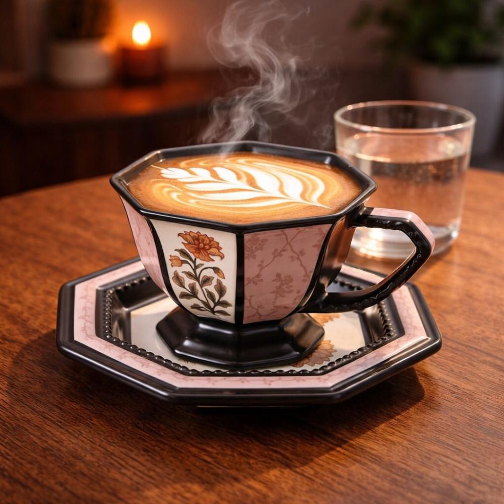 كوب كابتشينو كبير بيد مع طبق - نقوش فخمة – Large Cappuccino Cup with S