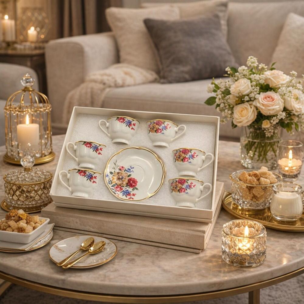 طقم فناجين قهوة بورسلين بيد - 12 قطعة - طابع زهري أنيق – Porcelain Cof