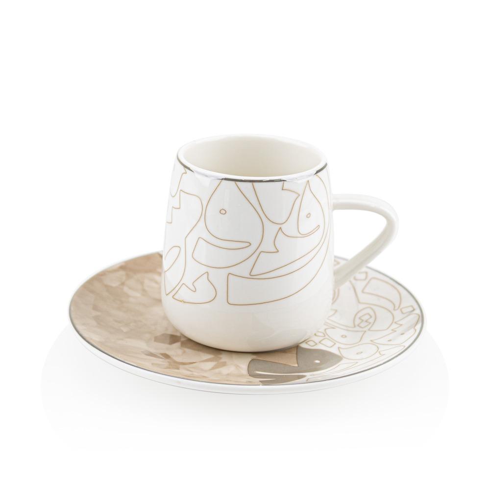 طقم فناجين شاي بورسلين بتصميم فخم مع صحون - 6 حبة – Porcelain Coffee C