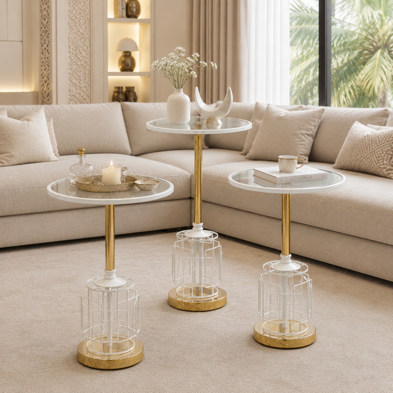 طقم 3 طاولات ابيض ذهبي  خدمة فاخرة – تصميم عصري بلمسة ملكية – 3-Table 