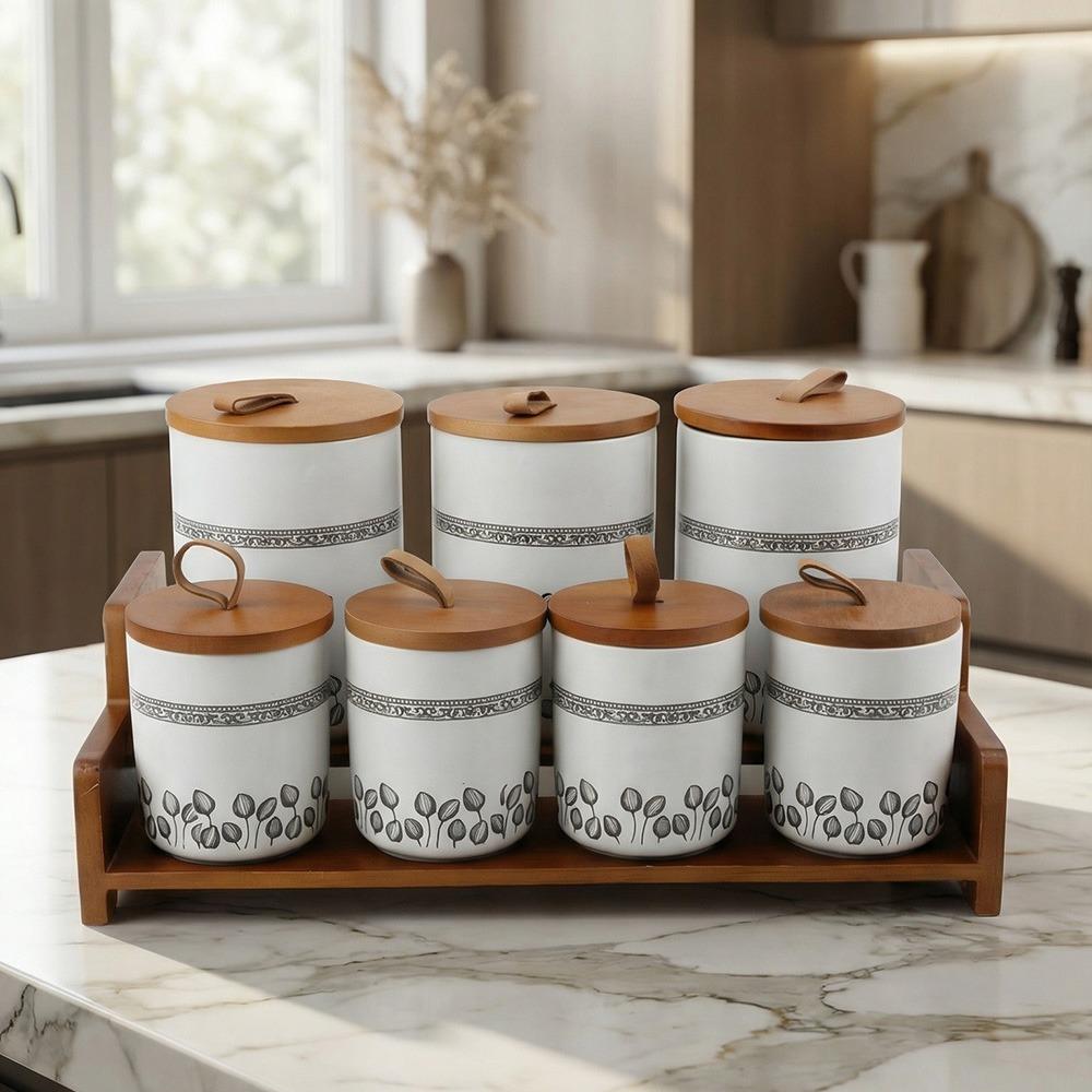 طقم توابل 14 قطعة بورسلين مع ستاند وغطاء خشب - بنقوش أنيقة – Porcelain