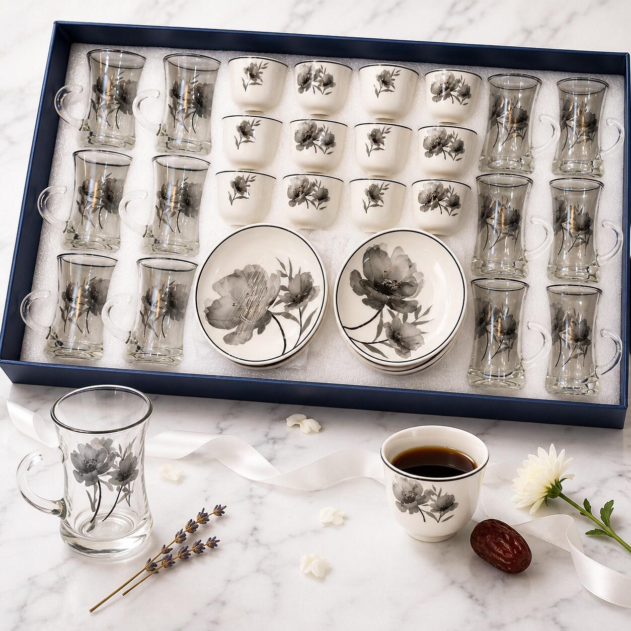 طقم كاسات وفناجين 36 قطعة – أسود – Premium Cups & Glasses Serving Set 