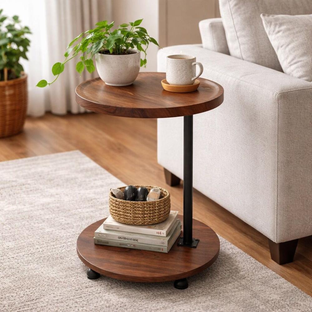طاولة جانبية خشب برف وقواعد متحركة لون بني – تصميم عملي – Modern Table