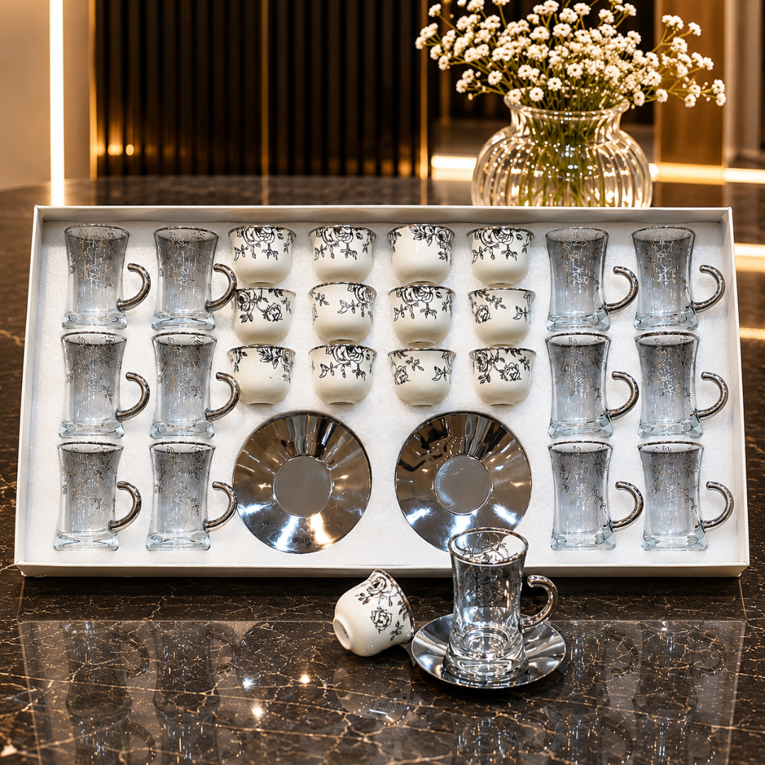 طقم  كاسات وفناجين ضيافة فاخر 36 قطعة بنقوش عربية أنيقة – Luxury Arabi