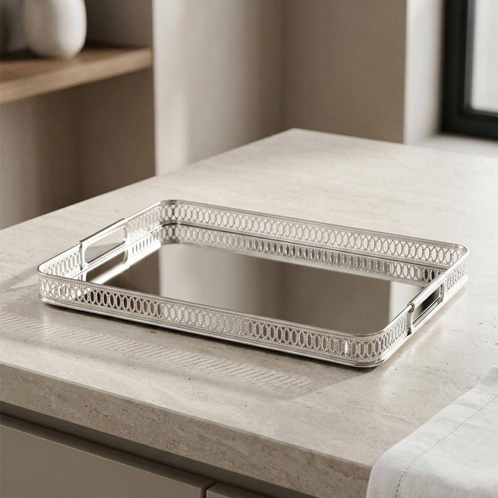 صينية تقديم ستيل بقاعدة مرايا لون فضي – Luxury Serving Tray - Silver
