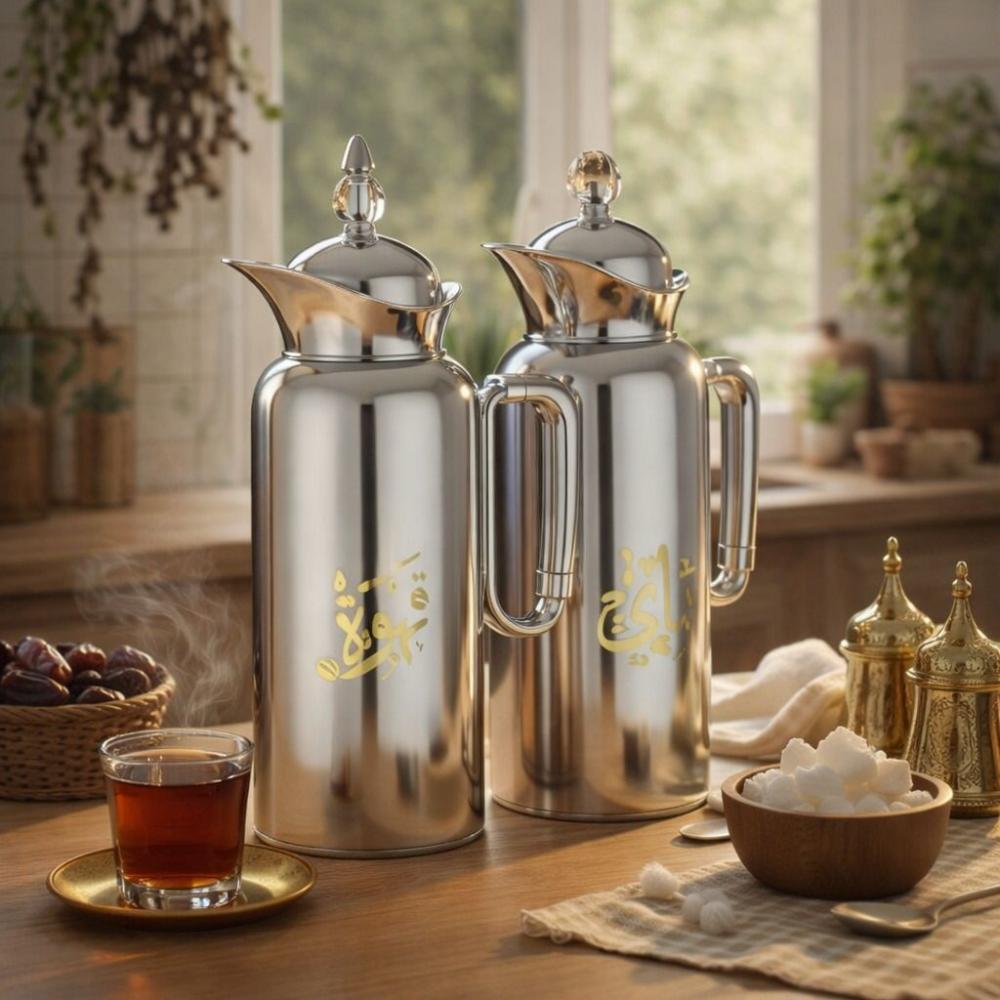 طقم ترامس شاي وقهوة 2 قطعة - ستانلس ستيل - نقوش عربية فخمة – Tea & Cof
