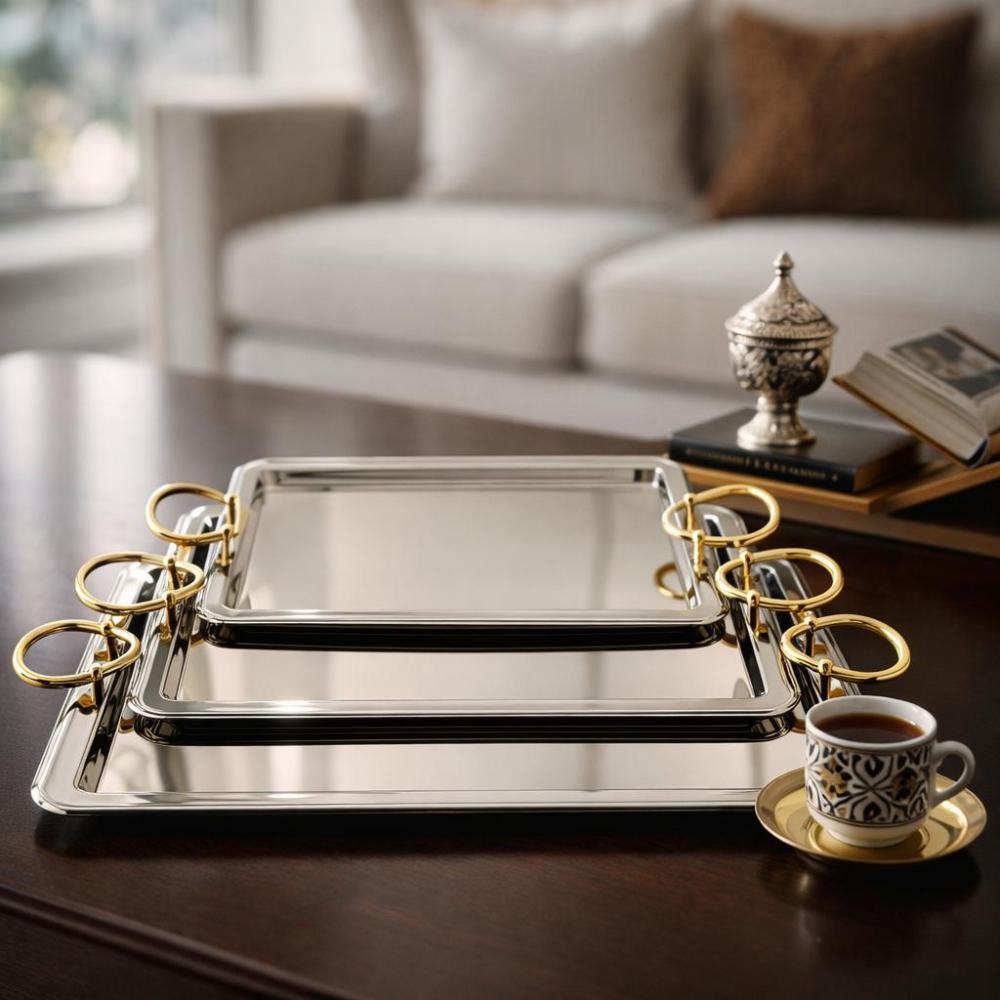 طقم صواني ستيل بتصميم فخم - 3 حبة - لضيافة راقية – Luxury Serving Tray