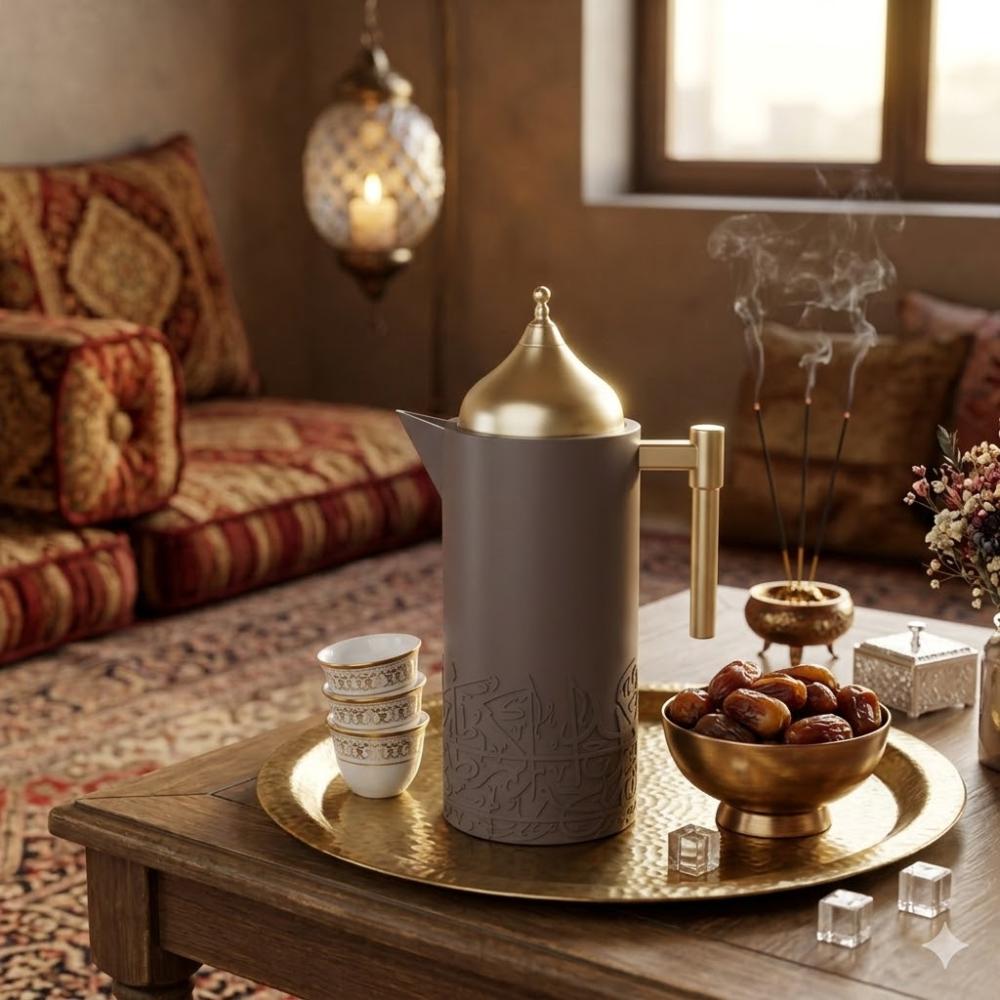طقم ترمس شاي وقهوة 1 لتر بنقشة ذهبية 2 حبة – بيج – Tea & Coffee Thermo