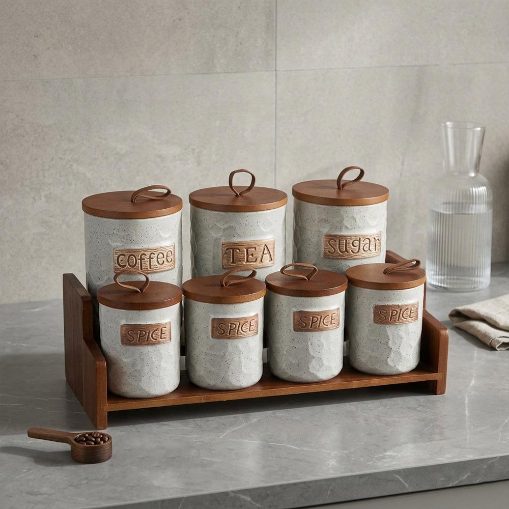 طقم بهارات 14 قطعة مع حامل وغطاء من الخشب عالي الجودة – Porcelain Spic