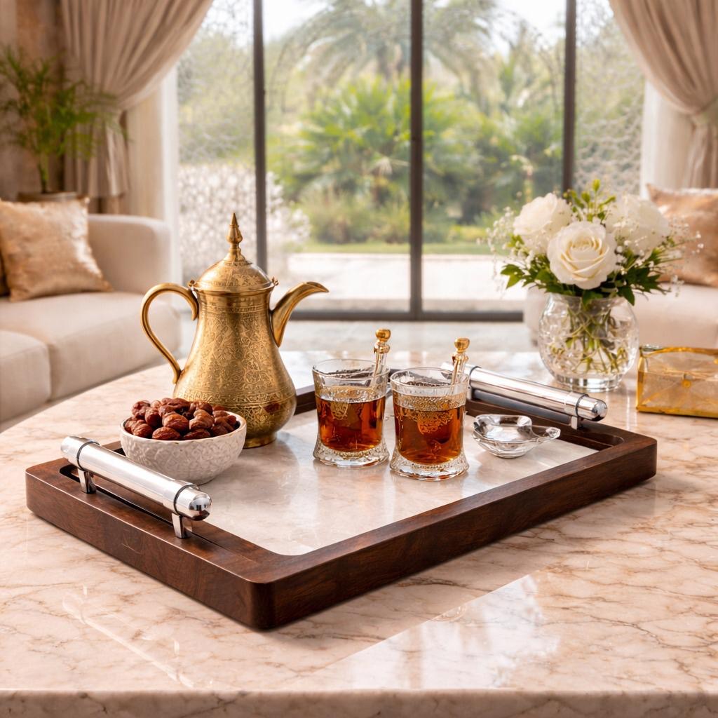 صينية تقديم خشبية فاخرة بتفاصيل رخامية ومقابض كروم 2 قطعة – Luxury Ser