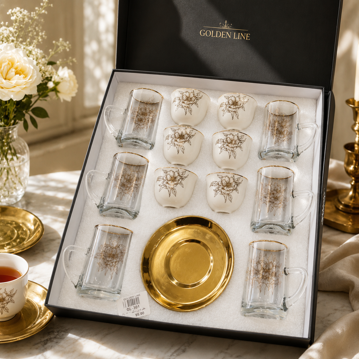 طقم كاسات فناجين 18 قطعة بنقوش ذهبية فاخرة – Luxury Gold-Patterned Cup