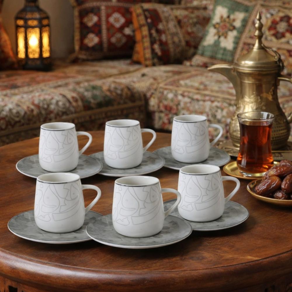 طقم فناجين وصحون بورسلين - 12 قطعة - نقوش عربية فخمة – Porcelain Coffe
