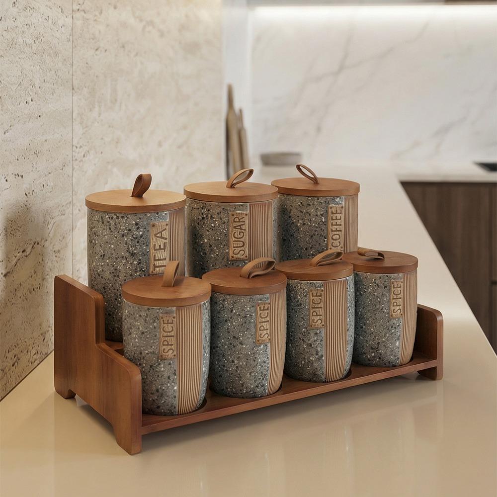 طقم توابل بورسلين 14 قطعة - مع ستاند خشب - بخطوط بنية رائعة – Porcelai