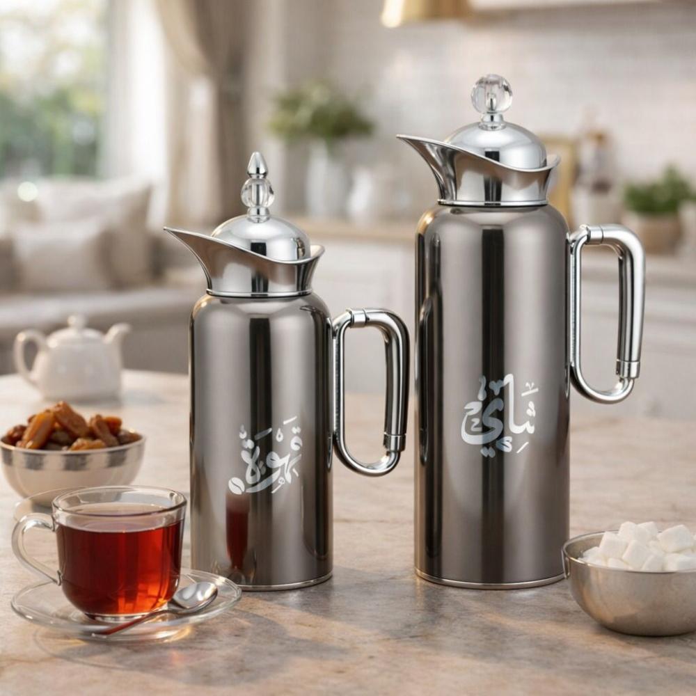 طقم ترامس شاي وقهوة 2 قطعة - ستانلس ستيل - نقوش عربية فخمة – Tea & Cof