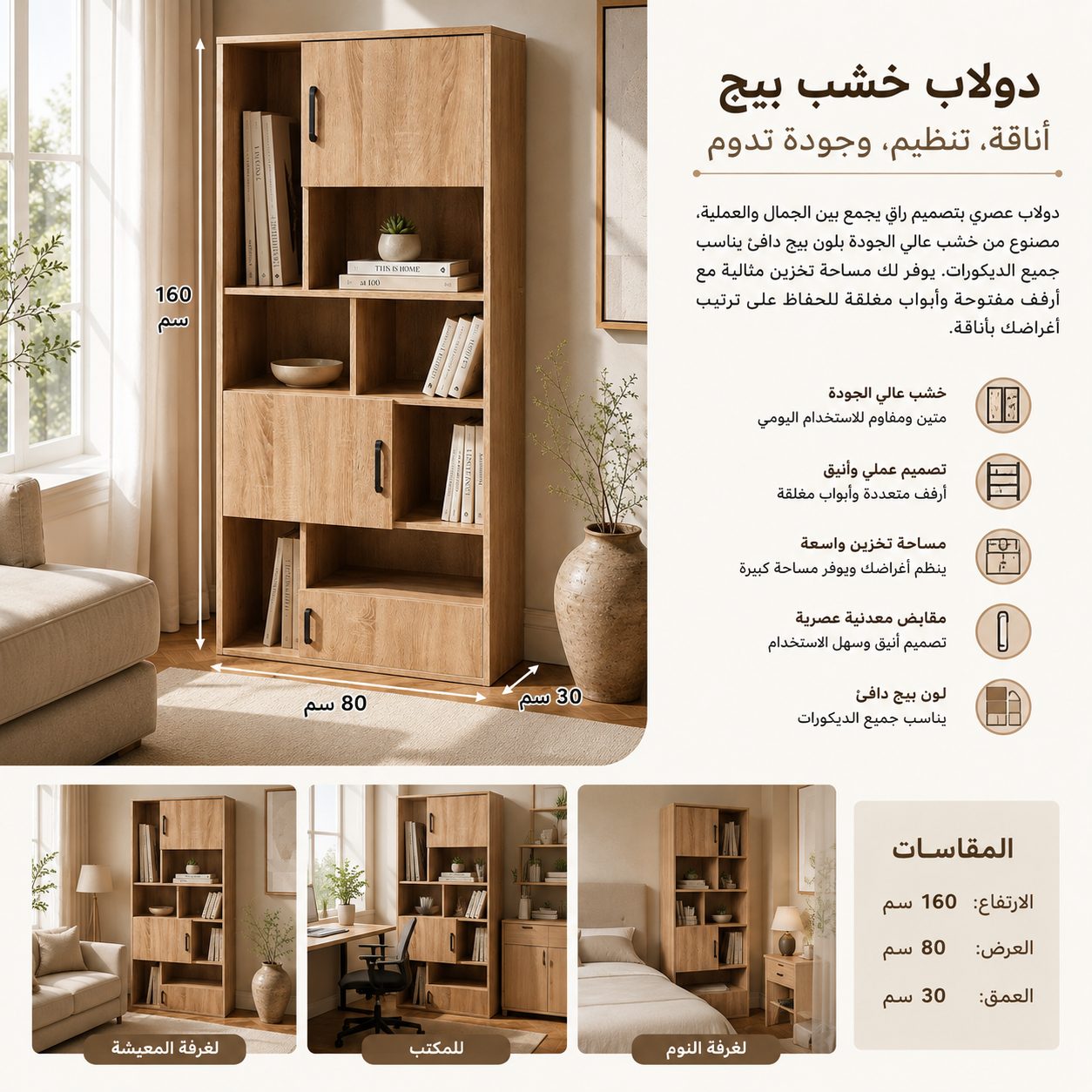 دولاب خشب بيج مودرن – 6 رف - أناقة هادئة ولمسة فخامة عملية – Modern Be