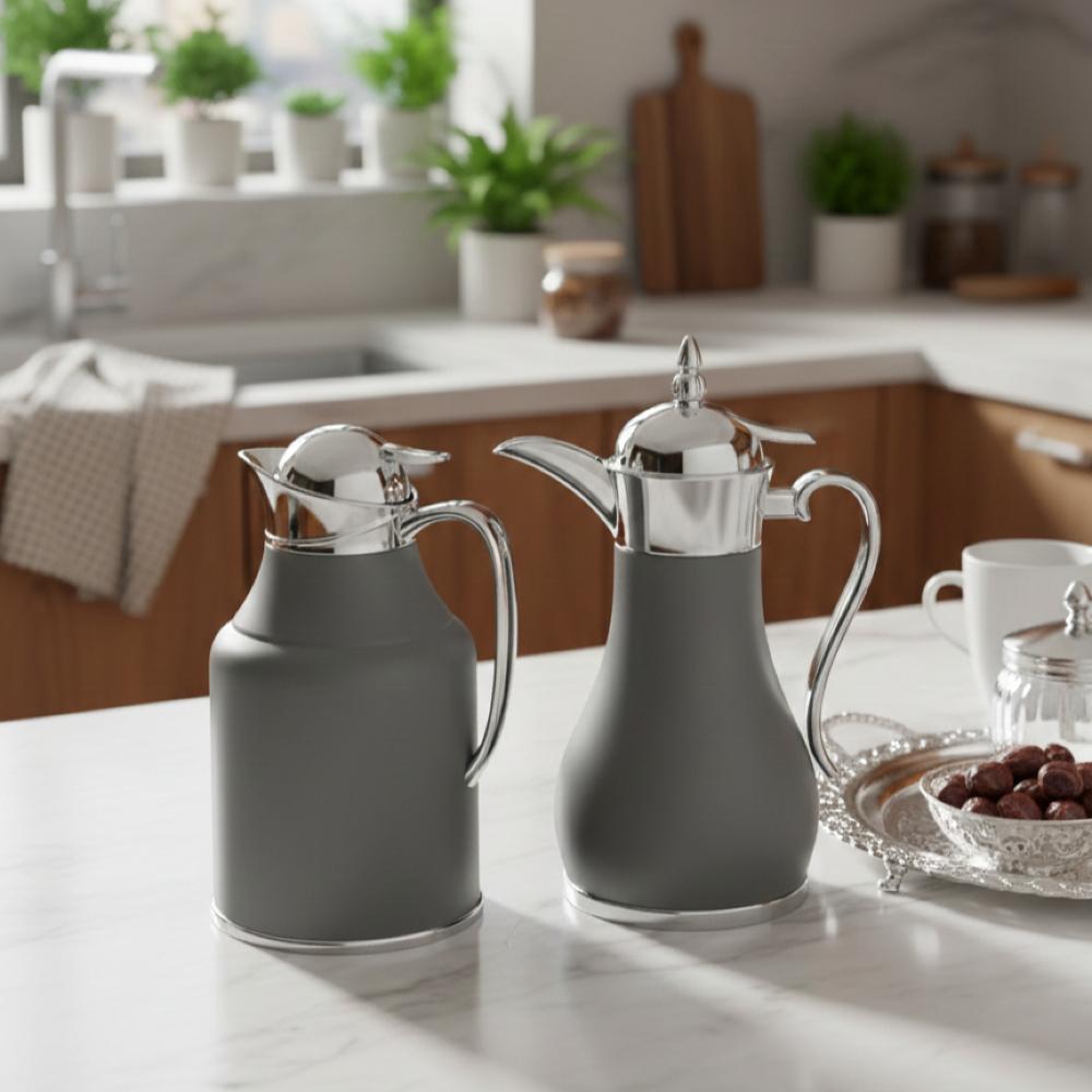 طقم 2 ترمس شاي وقهوة رمادي فضي – Tea & Coffee Thermos Set - Silver
