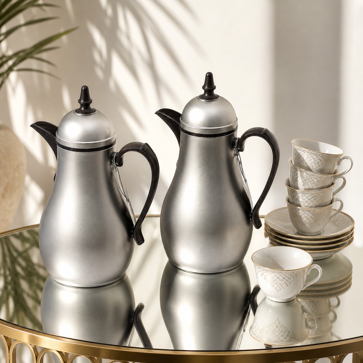 طقم ترامس شاي قهوة فضي مطفي معا الخشبي الداكن – Tea & Coffee Thermos S