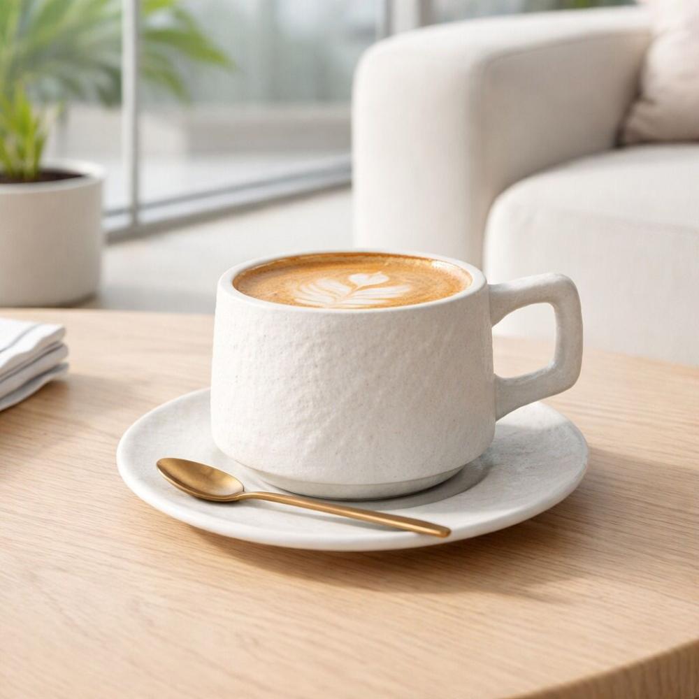 كوب كابتشينو بورسلين بيد مع طبق - مظهر غير لامح - ستايل فخم – Porcelai