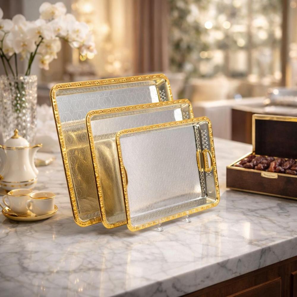طقم صواني ضيافة ستيل 3 حبة مزخرف – تصميم فخم للمجالس – Luxury Serving 