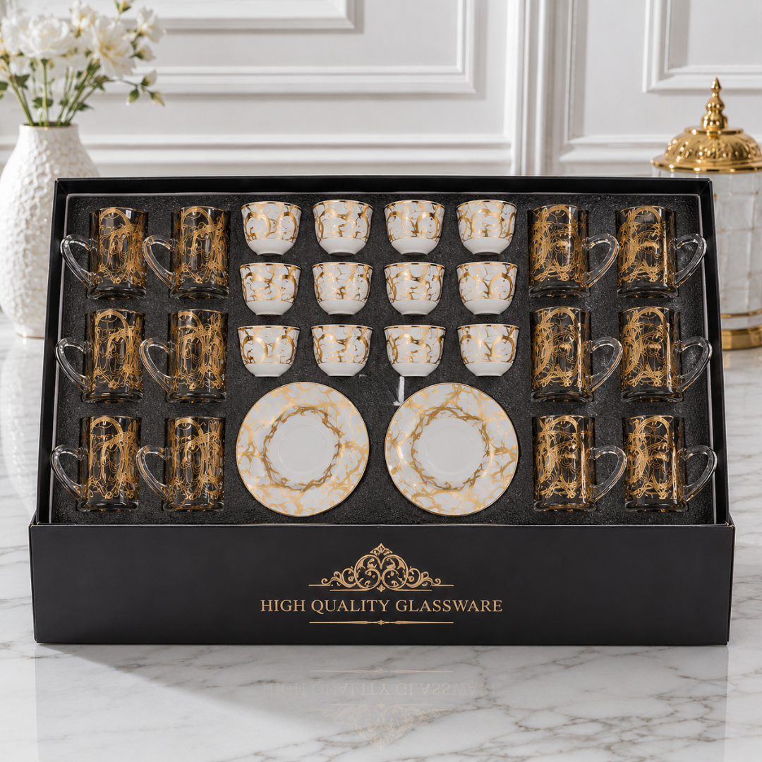 طقم ضيافة فاخر بنقوش عربية أنيقة 36 قطعة – Luxury Arabic Engraved Hosp