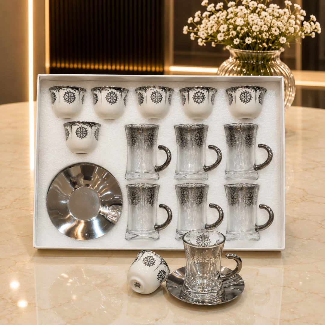 طقم ضيافة فاخر بنقوش عربية مزخرفة – 18 قطعة – – Luxury Arabic Pattern 