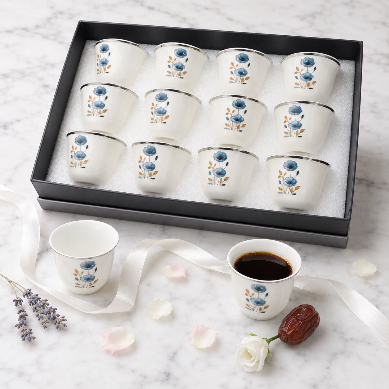 طقم فناجين قهوة سيراميك بنقشة الزهور الزرقاء – 9 قطع – Ceramic Coffee 