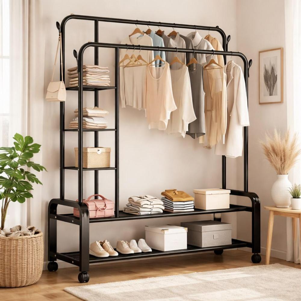 علاقة  ملابس 2 دور - بأرجل مع 2 رف - مع أرفف جانبية – Metal Clothes Ra