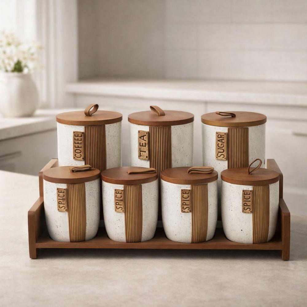 طقم توابل بورسلين 14 قطعة - مع ستاند خشب - بخطوط بنية رائعة – Porcelai