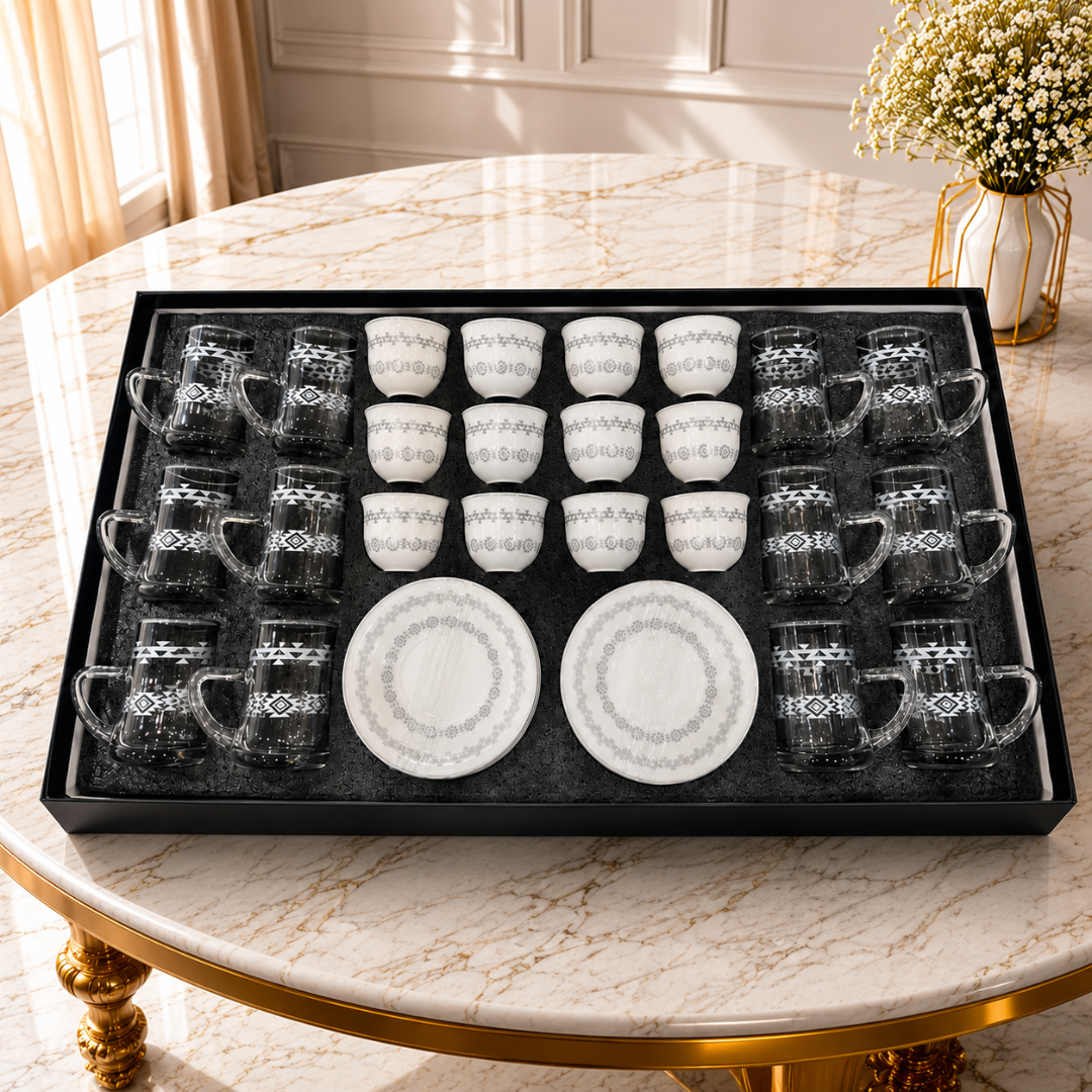 طقم ضيافة فاخر بنقوش عربية أنيقة 36 قطعة – – Luxury Arabic Engraved Ho