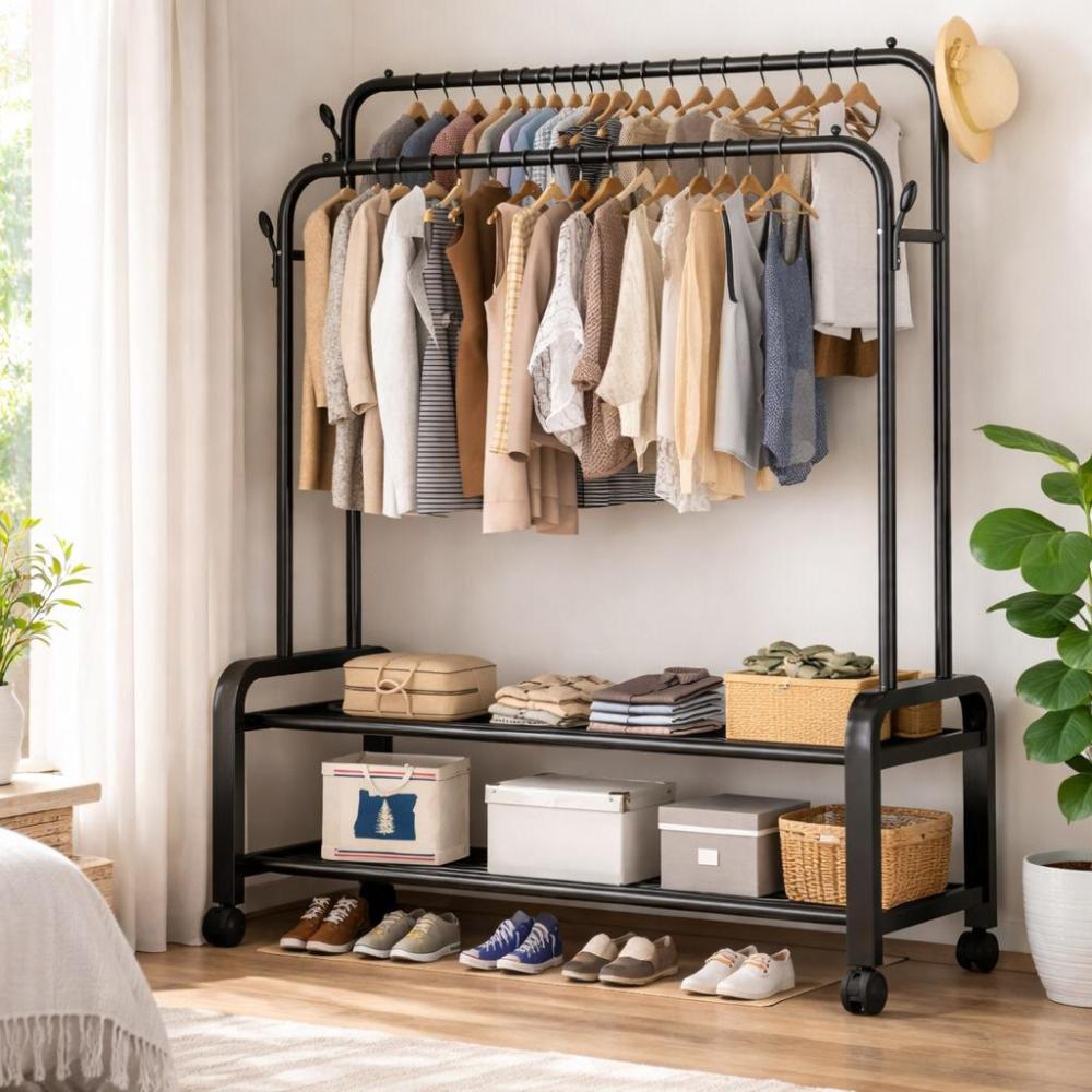 ستاند ملابس متحرك   - مع 2 رف سفلي - تصميم متناسق – Metal Clothes Rack