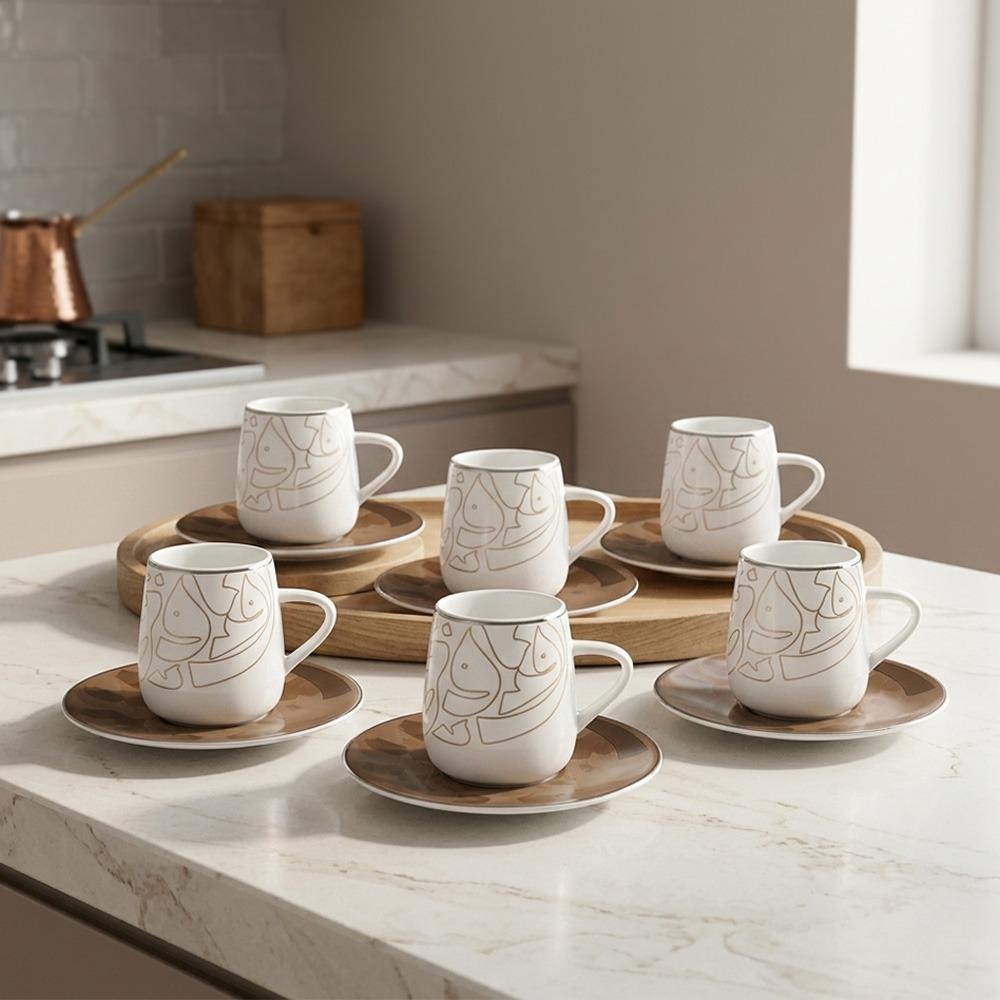 طقم فناجين قهوة بورسلين بتصميم فخم مع الصحون - 6 حبة – Porcelain Coffe