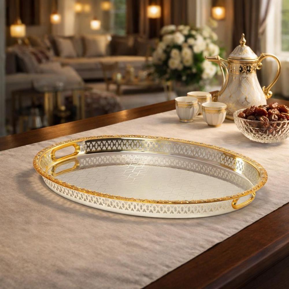 صينية تقديم ستيل بيضاوي فضي مزخرف ذهبي – تصميم فاخر وأنيق – مقاس كبير 