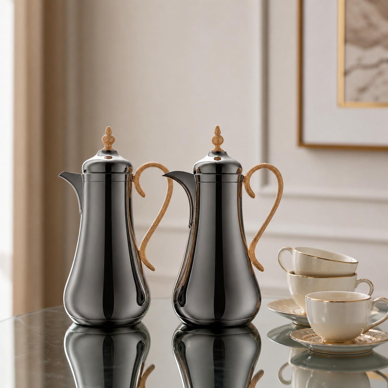طقم ترامس (ثلاجات قهوة وشاي) لون رمادي مع ذهبي 1.0لتر لكل – Tea & Coff