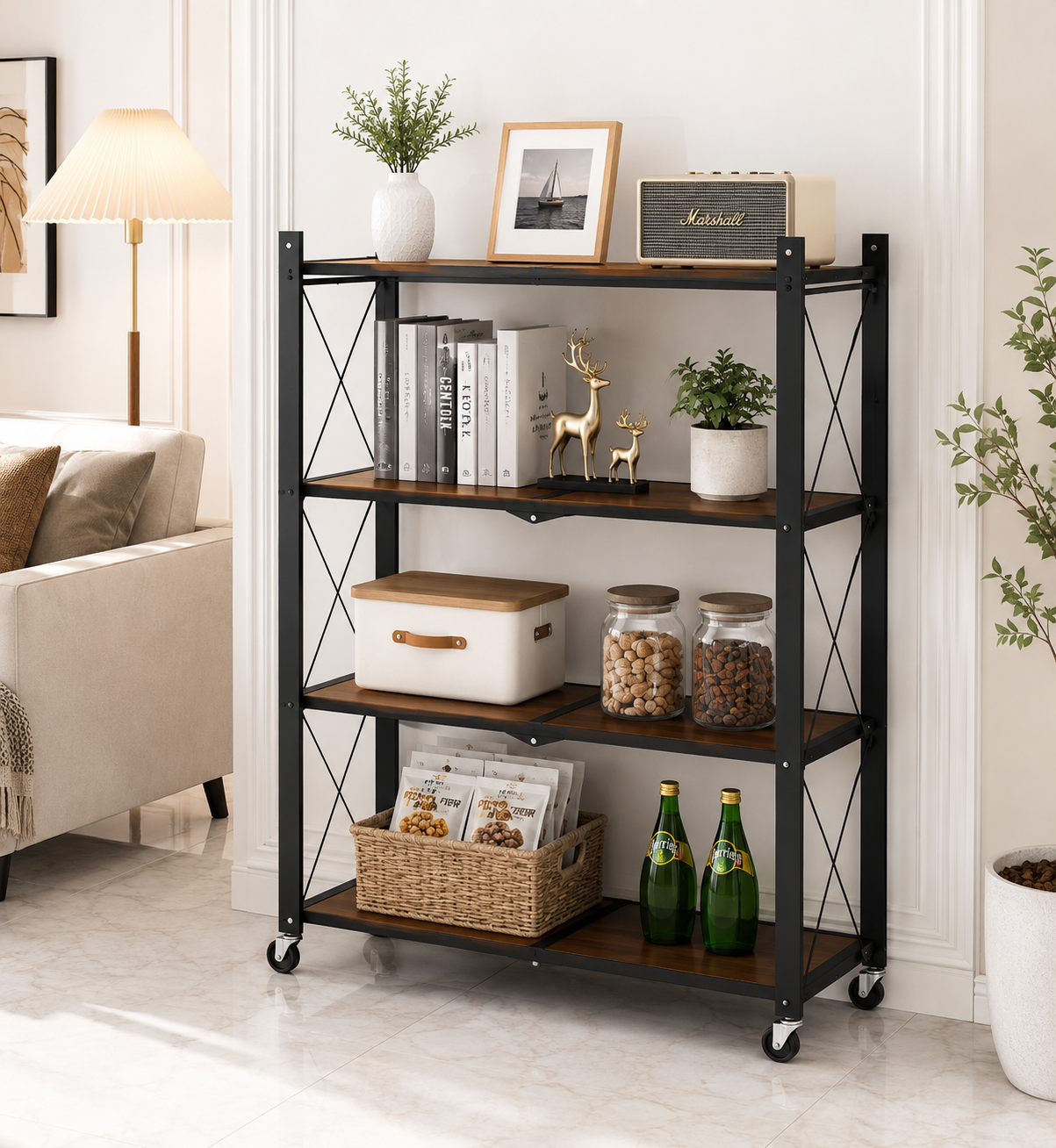 رف تخزين 4 دور قابل للطي والحركة – 4-Tier Foldable Mobile Storage Rack