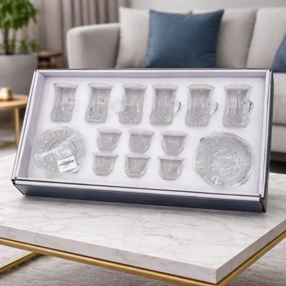 طقم فناجين قهوة وبيالات شاي - مع اطباق- زجاج بنقوش – Porcelain Coffee 