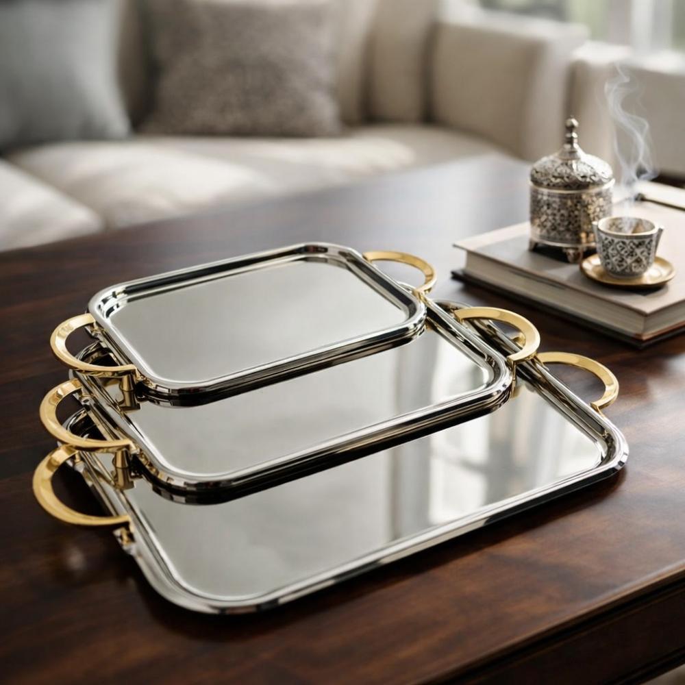 طقم صواني ضيافة ستيل 3 حبة – أناقة المجالس – فضي – Luxury Serving Tray